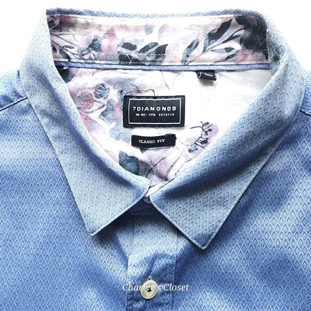 7 Diamonds‎ Button Down Dress Shirt L Caribbean Skies Classic Fit Euro Chic
